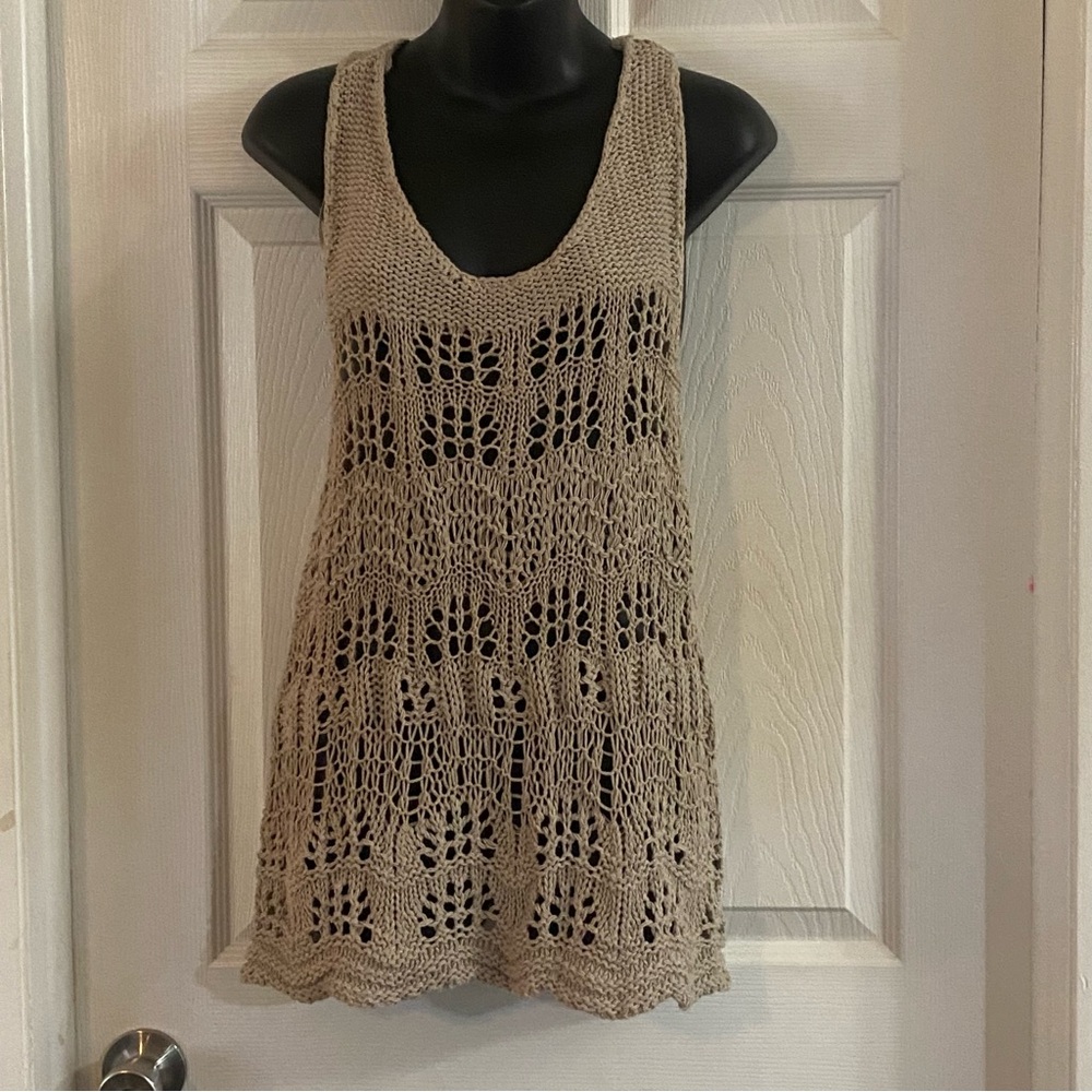 Knit Sleeveless Tan Top medium fun and adorable Boho chic crocheted knit